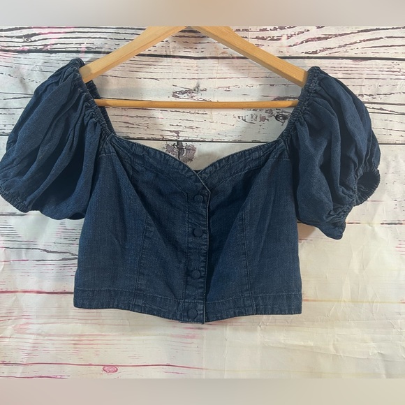 ASOS Design Dark Denim Crop Top with Puff Sleeve Size US 6 - Picture 7 of 9